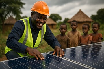 Engineer Installing Solar Panels in Rural Village: Empowering with Clean Energy