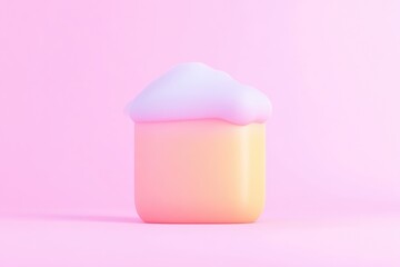 Pastel-colored house-shaped object,  with soft, fluffy cloud-like top