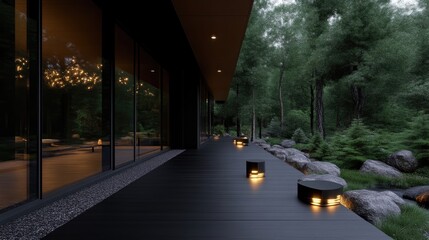 Modern minimalist house exterior with a serene forest backdrop.  Tranquil patio area with ambient lighting