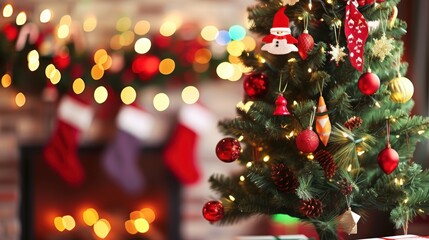 A Christmas Tree with Beautiful Ornaments next to a Cozy Fireplace during the holidays