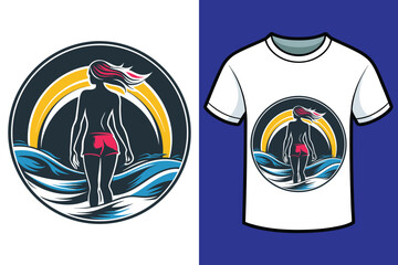 piękna i szczupła kobieta stojąca przodem nad brzegiem oceanu vector t_shirt design