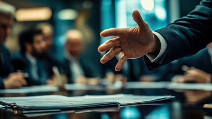 Politician gesturing with hand while speaking at a press conference, surrounded by blurred colleagues and documents spread across the table, conveying authority and influence