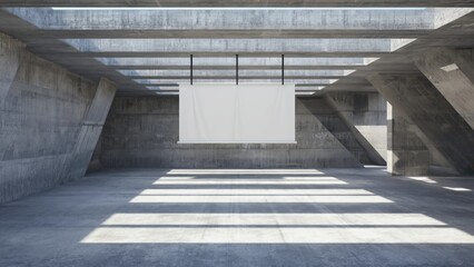 Fototapeta premium An open, industrial cement hall with minimalist decor and bright natural light creating dramatic shadows.