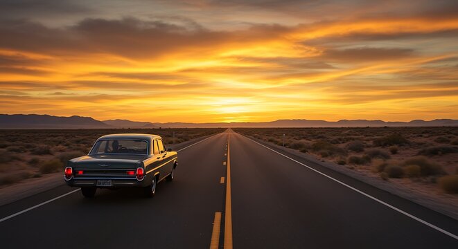 Fototapeta A cinematic road scene with an old car driving down a desert road or coastal highway at sunset, with vibrant orange and gold skies