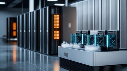 Futuristic quantum supercomputer powering advanced AI algorithms in a dimly lit server room