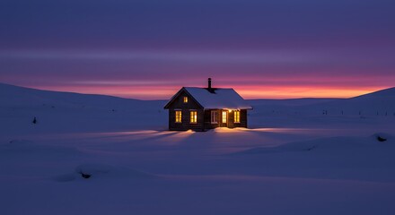 A small cabin in the middle of a snow-covered landscape at twilight, with soft, warm light glowing from the windows. The snow is pristine, and the sky is a rich mix of purples and blues