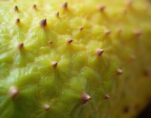 Close-up shot green jackfruit skin texture. Tropical fruit background detail. Ripe healthy food, exotic fruit, fresh organic product. Agriculture, nature, summer, plant concept.