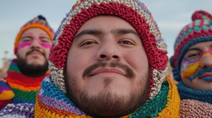Fototapeta premium Close-up of joyful people in vibrant colorful hats and scarves. Group portrait of smiling individuals with festive face paint