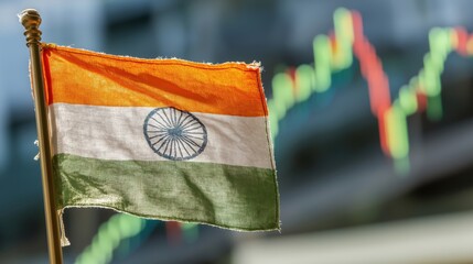 Indian flag waving amidst stock market graphs symbolizes growth and prosperity in the financial sector
