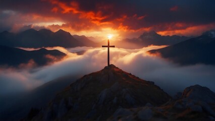 Silhouettes of crucifix symbol of a Christian cross atop a mountain, surrounded by clouds and sunlight breaking through the sky, sunrise, Good Friday concept