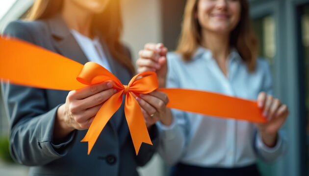Two businesswomen cut orange ribbon, celebrating new business opening. Ceremony event startup launch. Partnership success, entrepreneurship, teamwork. Inauguration, official festive commercial