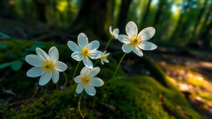 Springtime Serenity: Close-up of Beautiful White Anemone Flowers in Sunlit Forest