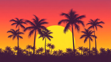 Obraz premium Tropical Sunset Scene with Silhouetted Palm Trees on Pink Sky