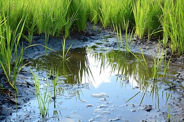 Fototapeta premium Flood resistant rice paddy using regenerative methods to absorb excess water
