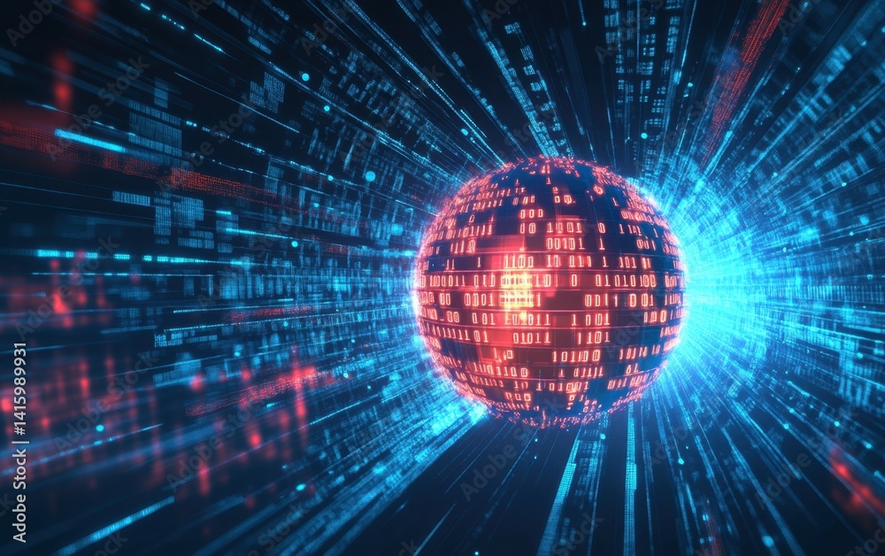 Poster abstract cloud technology with binary code and glowing sphere on a blue background cloud protection 