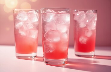 Three glasses of pink lemonade filled with ice cubes. Transparent drink beverage with crystal clear ice in sunlight. Refreshing summer hydration, thirst quencher. Light, bright colors, vibrant.