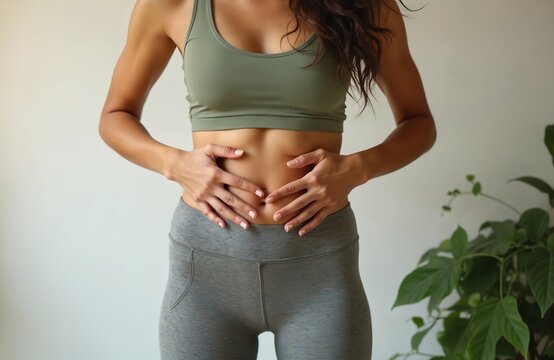Young multi-ethnic woman holding hands on stomach. Concept illustrates gut health awareness. Female wearing sport bra, yoga pants, demonstrates body shape. Healthy lifestyle, wellness concept.