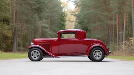 Classic custom hot rod coupe.  Red vintage car on a paved road, surrounded by trees.  Chrome details