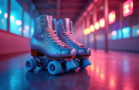 Dazzling silver glitter roller skate on retro rink floor illuminated by neon lights. Shiny skating disco sport equipment for fun leisure, vibrant nightlife entertainment. Active lifestyle hobby. - Powered by Adobe