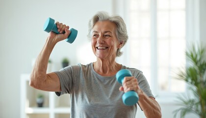 Smiling senior woman doing home workout with dumbbells. Mature lady exercising arm muscles, staying fit, leading healthy lifestyle. Sport in the house, active retirement. Positive emotions, wellbeing.