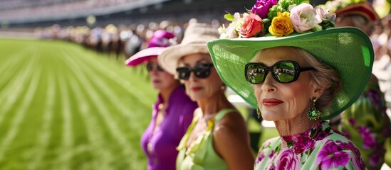 Elegant fashion and style women with colorful hats and attire. Old money and Nobility. Upscale lifestyle, tradition and glamour