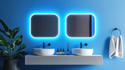 Bathroom mirror backlit with smart RGB lights, modern clean design