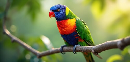 Obraz premium Rainbow lorikeet parrot bird perched on branch. Colorful plumage blue head, red chest, green wings. Exotic tropical wildlife, nature theme. Australia fauna, beautiful illustration, vivid colours,