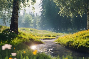 Fototapeta premium A scenic view of a stream flowing through a lush green meadow with trees and wildflowers on a sunny day