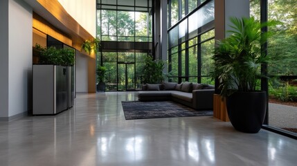 Fototapeta premium Modern, spacious lobby with large windows, offering a tranquil and inviting atmosphere. A comfortable seating area, lush greenery, and polished concrete flooring