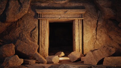 Ancient stone door into a mysterious cave with broken pillars and ancient artifacts. A sense of adventure and discovery.