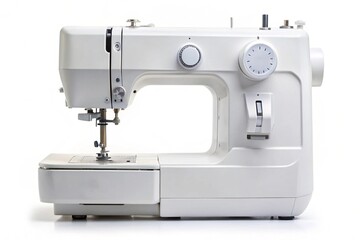 Modern white sewing machine with various knobs and settings, showcasing a simple yet functional design for sewing enthusiasts and professionals
