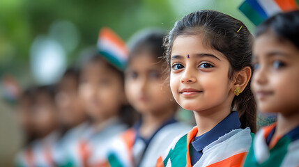 Smiling Girl in Focus:  Indian Flag, Child Portrait, Patriotic Mood