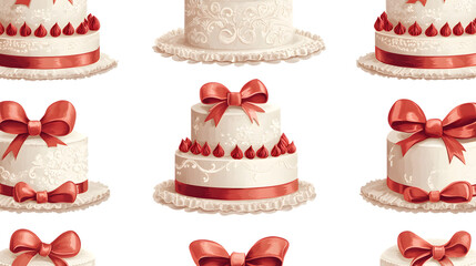 Elegant Retro Seamless Wedding Cake Pattern with Red Ribbon Design for Backgrounds