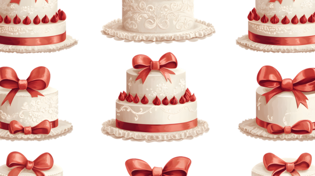 Elegant Retro Seamless Wedding Cake Pattern with Red Ribbon Design for Backgrounds