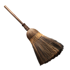 A rustic wooden-handled broom with natural bristles against a black background perfect for cleaning...