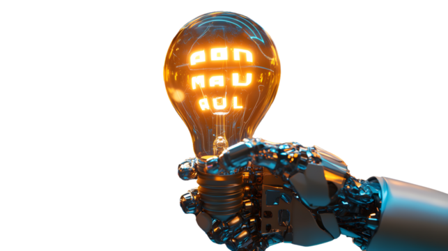 Innovative Robotic Hand Holding Lightbulb with AI Text for Technology Concept - Powered by Adobe