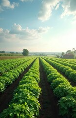 Naklejka premium Aerial view farmland potato bushes rows. Agroindustry, agribusiness, organic farming landscape. Green plants in rural countryside, growing food on farm. Agriculture, harvest season, summer sunny day.