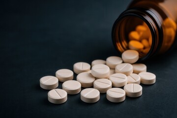 White pills spilling from brown glass pill bottle on dark background