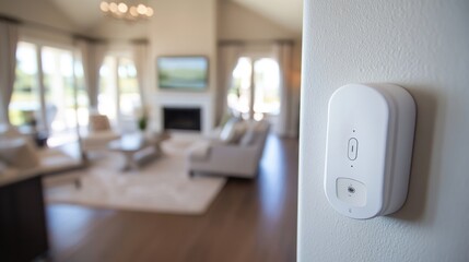Corner-mounted motion detector surrounded by tech-enabled home features