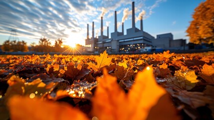 A large industrial building with multiple smokestacks, nestled in a flourishing field of crops. The early sunlight creates a radiant, high-contrast scene, with dew-kissed leaves in sharp focus