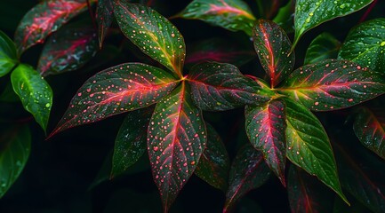Vibrant Leaf: A close-up view of a plant with colorful green and red leaves, showcasing intricate patterns and textures. The image exudes freshness and vitality.