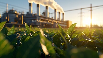 A realistic factory with tall smokestacks releasing white smoke, located in the middle of a vibrant green field at sunrise. The foreground is filled with sharp, bright green leaves, and the