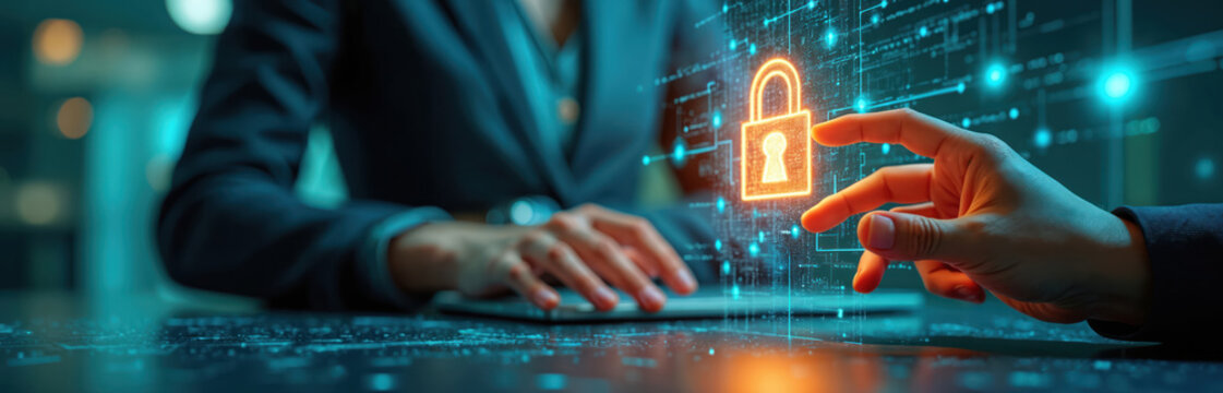 Businesswoman uses laptop protects business financial data with virtual network connection. Cyber security data protection concept. Hand touches glowing padlock. Innovative tech solutions for secure - Powered by Adobe