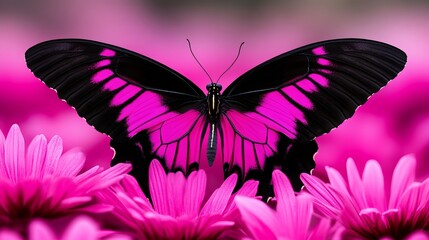 Obraz premium Butterfly displays vibrant pink and black wings while perched atop vivid magenta flowers in a blurred floral field.