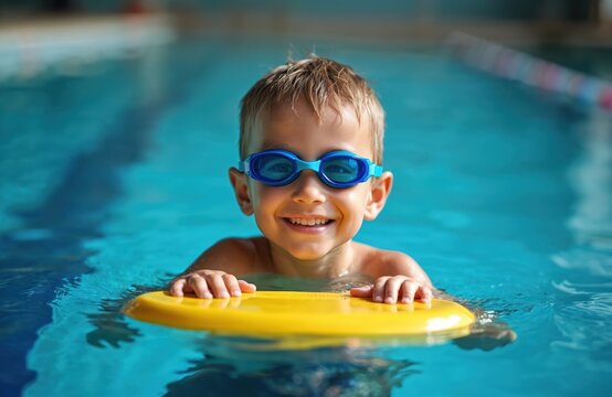Young boy learns swim pool, using swim board. Child wears swim goggles, smiles. Kid enjoys active lifestyle, happy. Concept sport activity, fun time on vacation or weekend at water.
