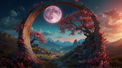 A full moon shines through a circular portal  in a magical fairytale garden with cherry blossoms trees and an archway, surreal fantasy landscape background