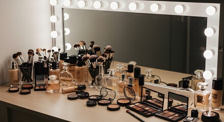 Arrangement of makeup brushes perfumes and palettes on a vanity with a lighted mirror frame