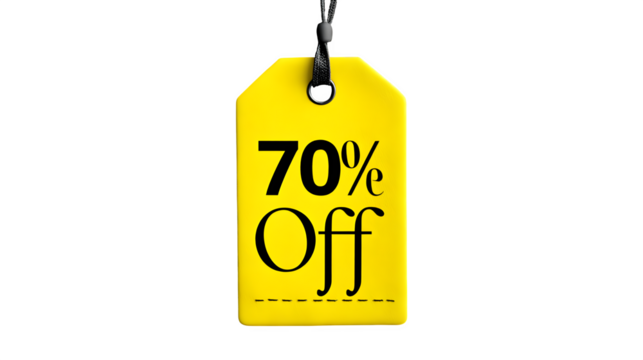 Bright yellow sale tag reading "70% Off," isolated on a clean black background for marketing visuals --ar 16:9 --v 7.0