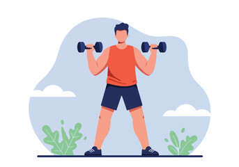 Illustration of a man working out his biceps with dumbbells. Fitness training and outdoor exercise
