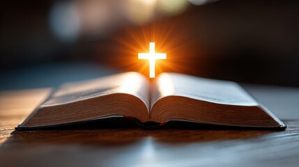 Naklejka premium A radiant sun casts light on a cross silhouette and an open bible, symbolizing faith and guidance on lifes path.